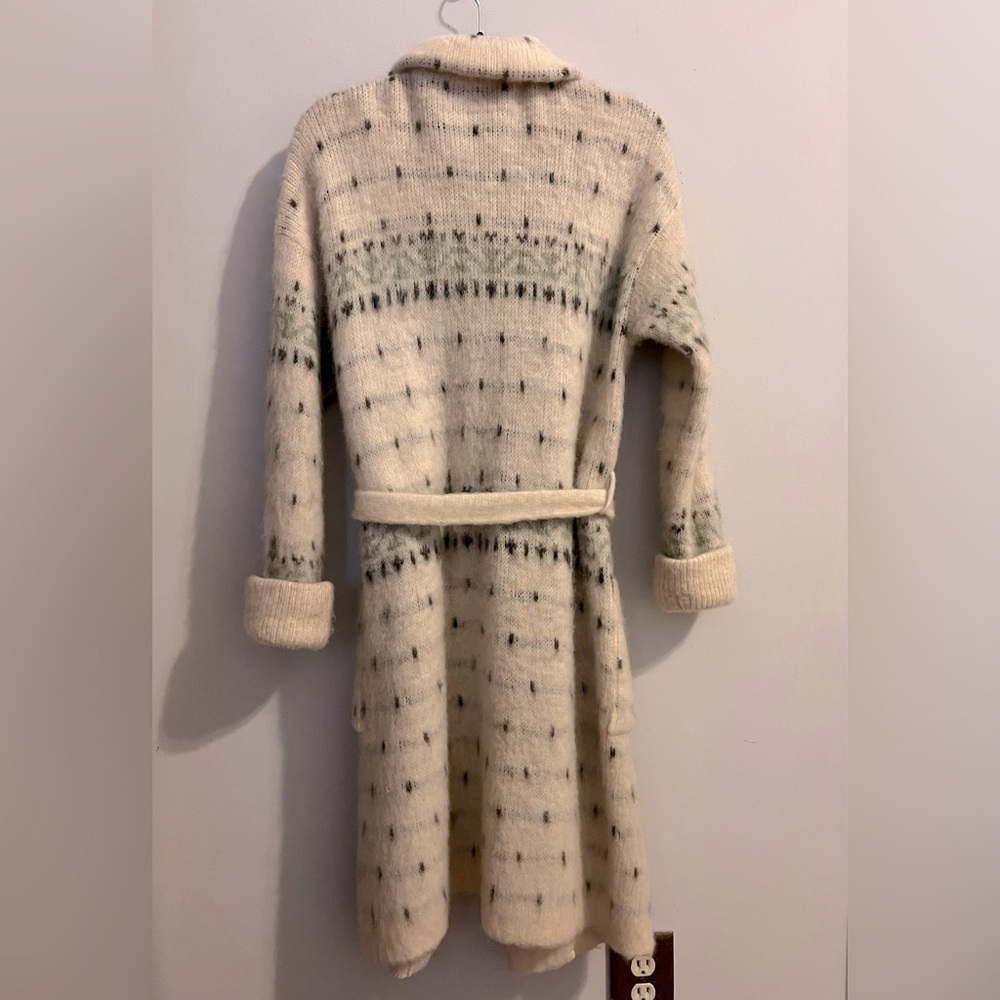 ALAFOSS ICEWOOL Ivory & Brown Virgin Wool Full-Zip Belted Sweater Coat-  Sz S - Picture 5 of 14